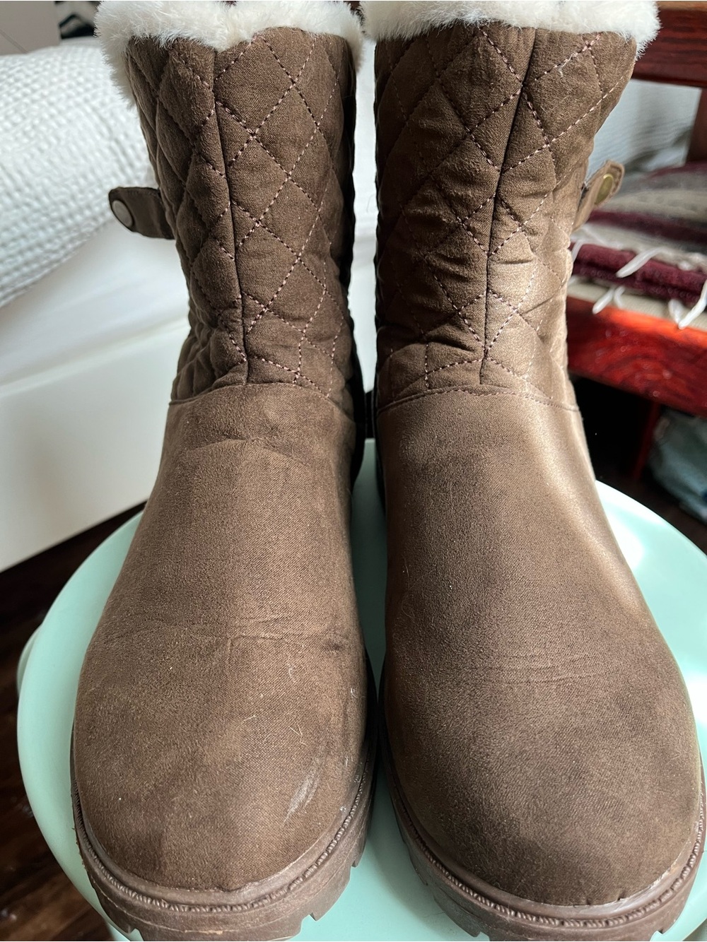 U.S. Polo Assn. Quilted Brown Faux-Suede Winter Boots with Faux-Fur Collar
